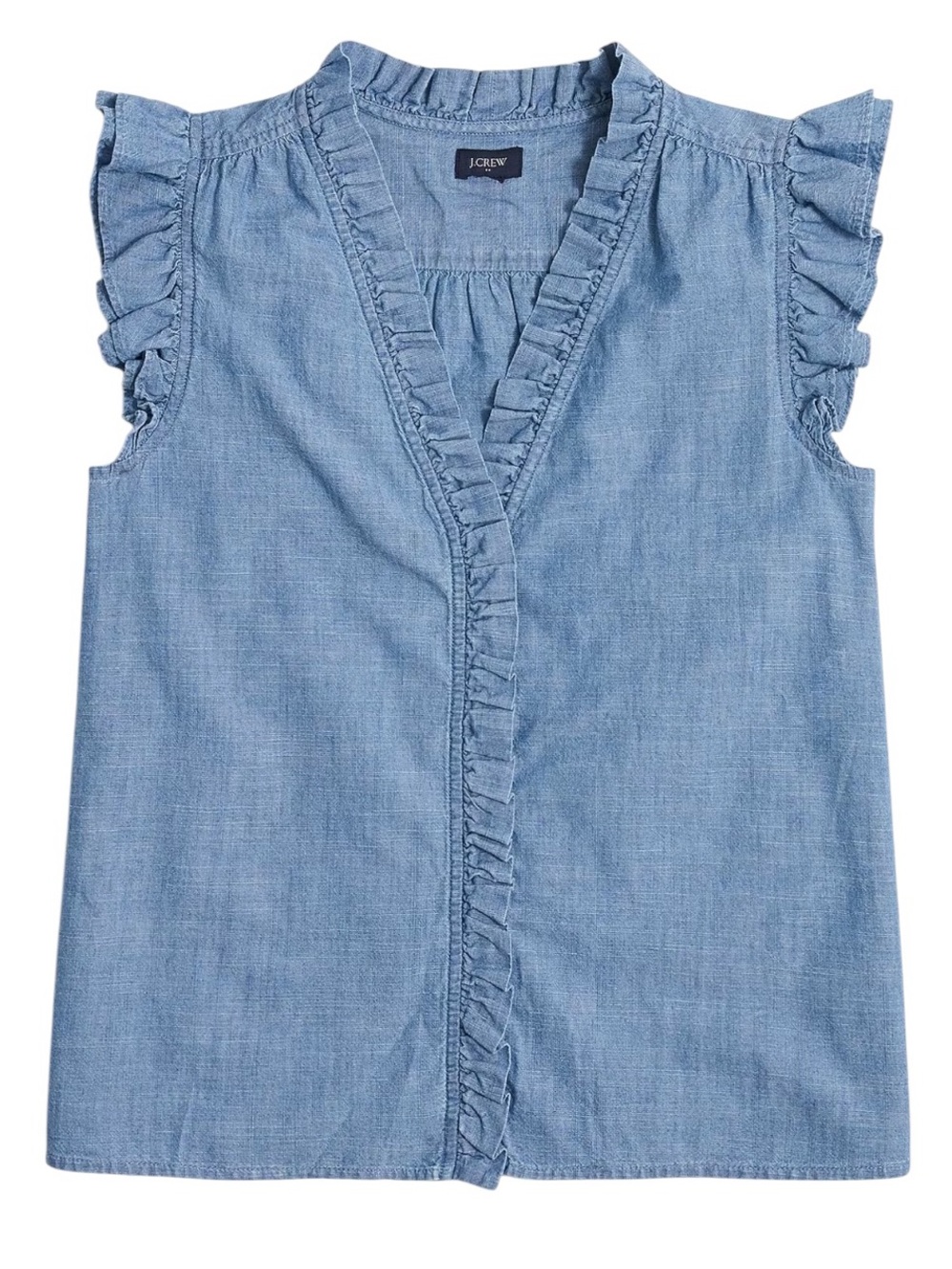 J. Crew Factory chambray sleeveless v-neck button down ruffle blouse